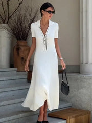 Tossy White Knit Fashion Maxi Dress For Women Short Sleeve Patchwork Elegant Party Dress Lapel High Waist Knitwear Women’s Dress