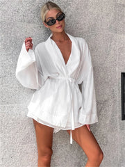 Tossy White Lace-Up 2 Piece-Set Shorts For Women Casual Loose Bandage Cardigan Coat And High Waist Shorts Sets Female Outfits