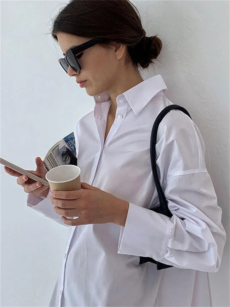 Tossy White Loose Fashion Shirts For Women See-Through Patchwork Cardigan Coat Lapel Slim Long Sleeve Oversized Blouse Shirt