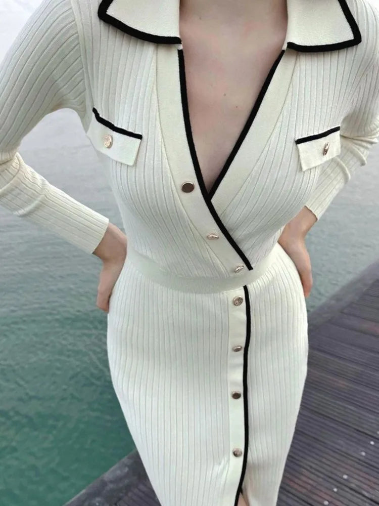 Tossy White Patchwork Knit Maxi Dress For Women Slim Lace-Up High Waist Split Elegant Party Dress Fashion Lapel Knitwear Dress