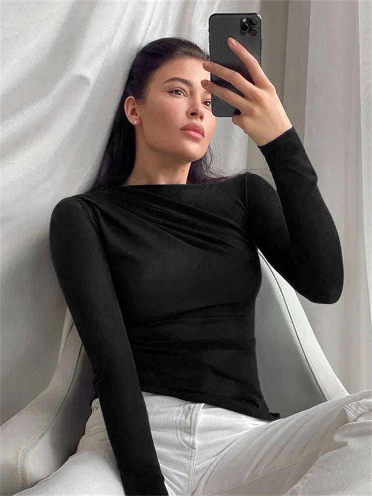 Tossy White Pleated Elegant Crop top For Women Slim Inner Patchwork Fashion Long Sleeve Solid Top T-shirt Pullover Streetwear