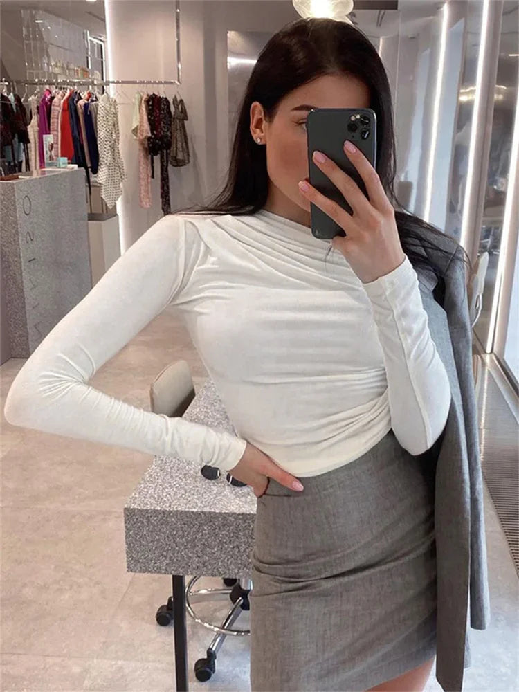 Tossy White Pleated Elegant Crop top For Women Slim Inner Patchwork Fashion Long Sleeve Solid Top T-shirt Pullover Streetwear