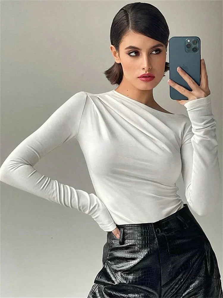 Tossy White Pleated Elegant Crop top For Women Slim Inner Patchwork Fashion Long Sleeve Solid Top T-shirt Pullover Streetwear