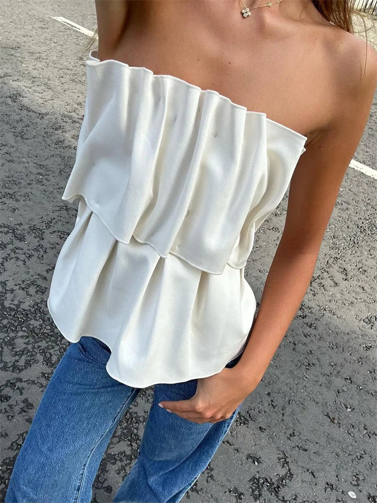 Tossy White Pleated For Women Tube Tops Backless Slim Patchwork Casual Summer Elegant Y2k Top High Waist Solid Bandeau Crop top