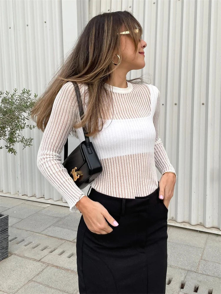 Tossy White Ribbed Knit T-Shirts Ladies See-Through Rib Sweater Tops Spring New Outfits Pullover Long Sleeve Casual Top Tees