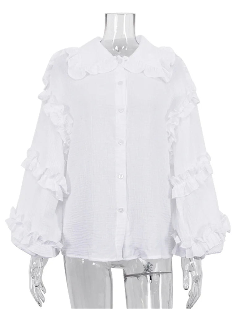 Tossy White Ruffled Casual Shirts For Women Fashion Patchwork Cardigan Lapel Long Sleeve Outwear Slim Ladies Shirts 2024 New