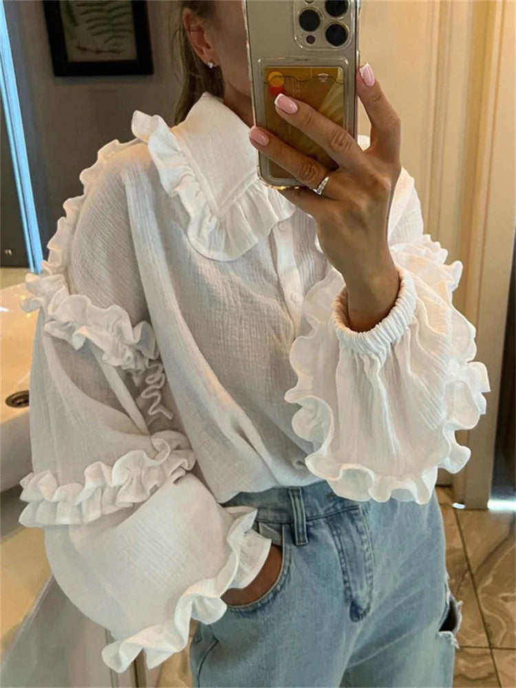 Tossy White Ruffled Casual Shirts For Women Fashion Patchwork Cardigan Lapel Long Sleeve Outwear Slim Ladies Shirts 2024 New