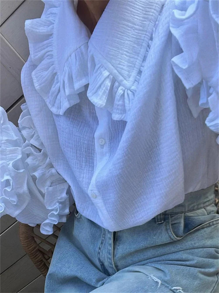 Tossy White Ruffled Casual Shirts For Women Fashion Patchwork Cardigan Lapel Long Sleeve Outwear Slim Ladies Shirts 2024 New