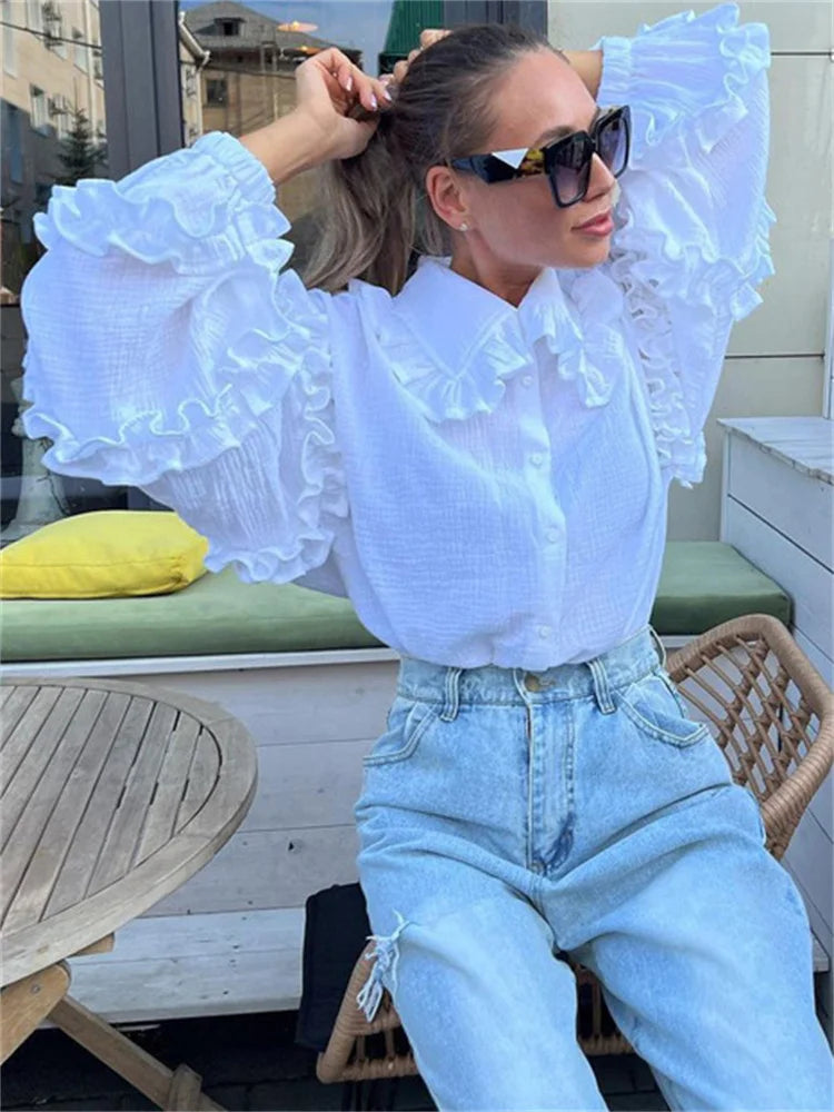 Tossy White Ruffled Casual Shirts For Women Fashion Patchwork Cardigan Lapel Long Sleeve Outwear Slim Ladies Shirts 2024 New