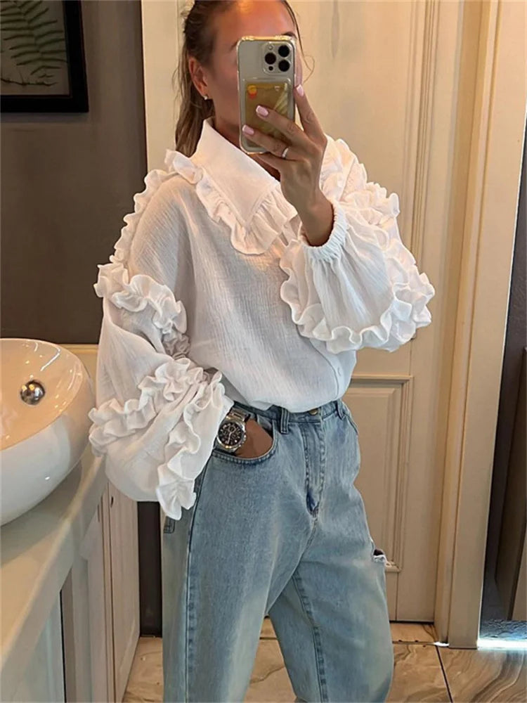 Tossy White Ruffled Casual Shirts For Women Fashion Patchwork Cardigan Lapel Long Sleeve Outwear Slim Ladies Shirts 2024 New