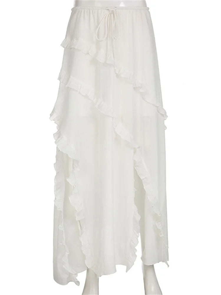 Tossy White Ruffled Patchwork Long Skirt See-Through For Women Split Summer Beach Holiday Maxi Skirt Women’s Fashion Y2k Skirt