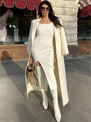 Tossy White Scoop Neck Knit Dress Female Basic High Split Autumn Solid Elegant Ribbed Party Dress Patchwork Long Sleeve Dress