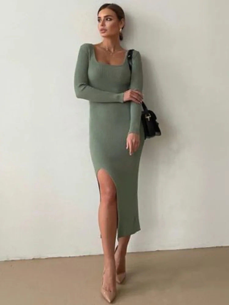 Tossy White Scoop Neck Knit Dress Female Basic High Split Autumn Solid Elegant Ribbed Party Dress Patchwork Long Sleeve Dress