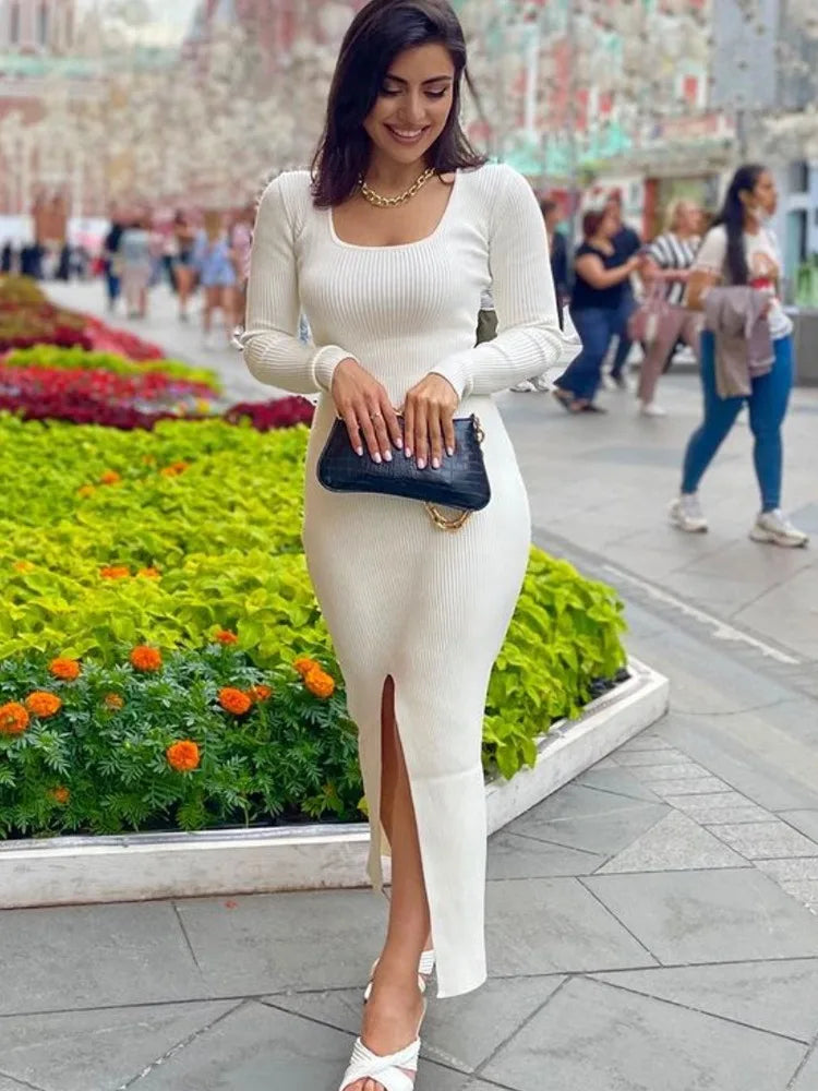 Tossy White Scoop Neck Knit Dress Female Basic High Split Autumn Solid Elegant Ribbed Party Dress Patchwork Long Sleeve Dress