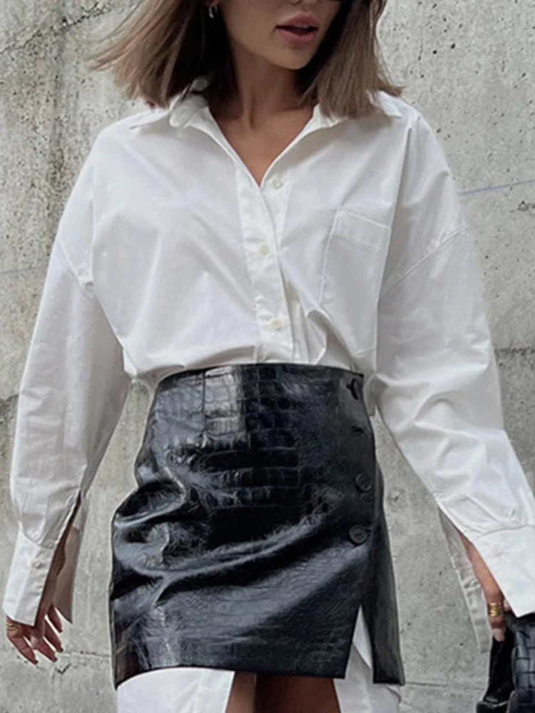 Tossy White Shirt Leather Skirt Sets Women Fashion Loose Long Sleeve Patchwork High Wasit Solid Office Lady Style Summer New