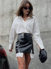 Tossy White Shirt Leather Skirt Sets Women Fashion Loose Long Sleeve Patchwork High Wasit Solid Office Lady Style Summer New