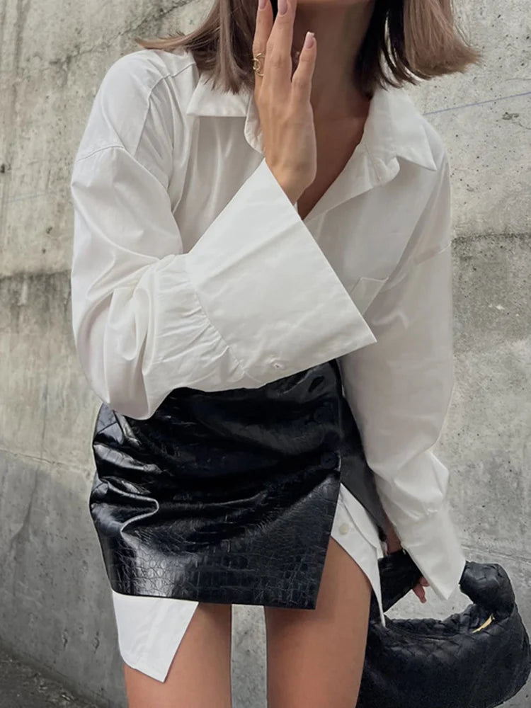 Tossy White Shirt Leather Skirt Sets Women Fashion Loose Long Sleeve Patchwork High Wasit Solid Office Lady Style Summer New