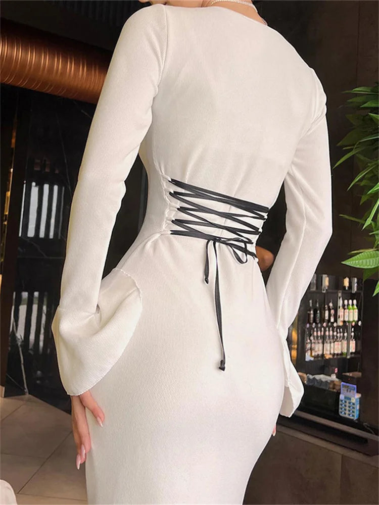 Tossy White Slim Bandage Long Dress For Women Elegant Party Lace-Up Autumn 2023 Dress Flared Sleeve Fashion Patchwork Maxi Dress