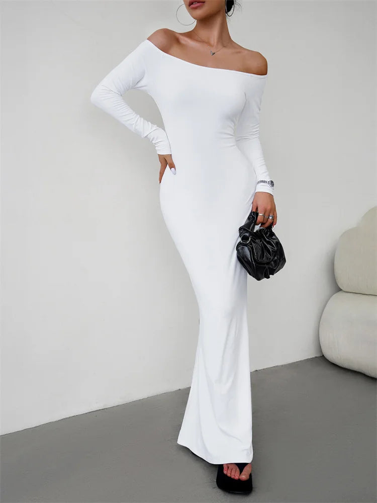 Tossy White Slim Fashion Maxi Dress For Women Backless Elegant Long Sleeve Party Dress Gown Off-Shoulder Solid Summer Dress 2023