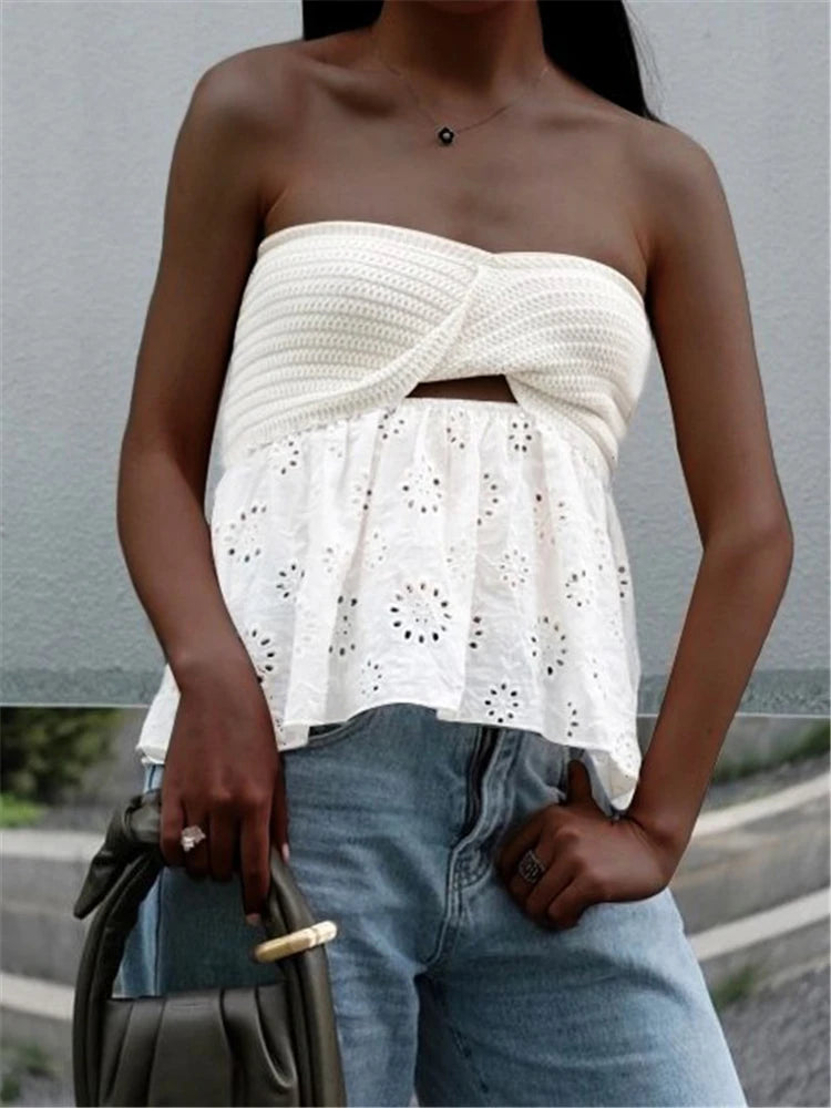 Tossy White Tube Top Knit Twist Crop Top Women Elegant Lace Mesh Strapless Corset Top Korean Sexy Streetwear Cute Chiffon Blouse