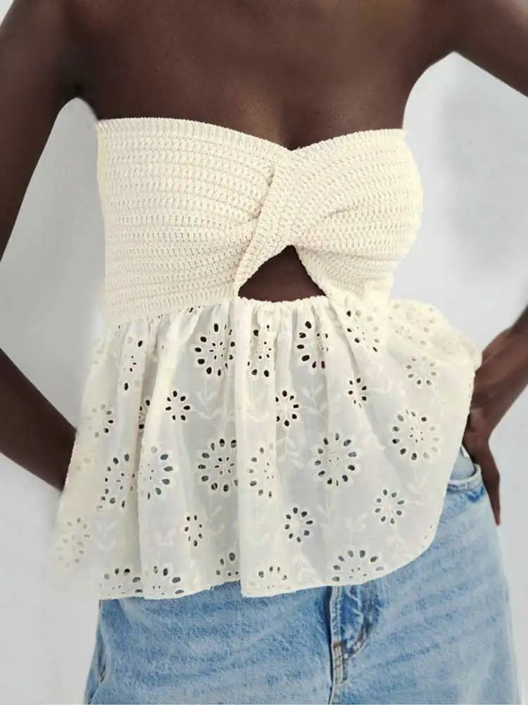 Tossy White Tube Top Knit Twist Crop Top Women Elegant Lace Mesh Strapless Corset Top Korean Sexy Streetwear Cute Chiffon Blouse