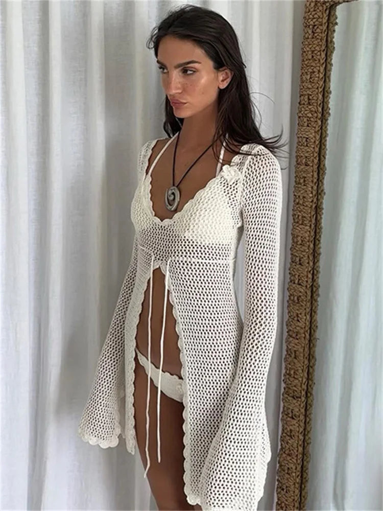 Tossy Whitte Hollow Out Knitwear Cover up Beach Dress – Long Sleeve Lace-Up Scoop Neck Loose Mini Dress