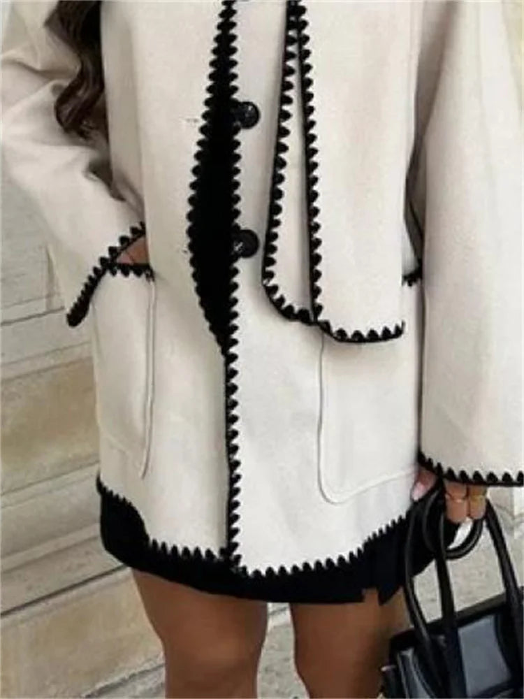 Tossy Winter Contrast Fashion Outwear For Women Scarf Patchwork Wool High Street Overcoat Pocket Loose Casual Ladies Coat New