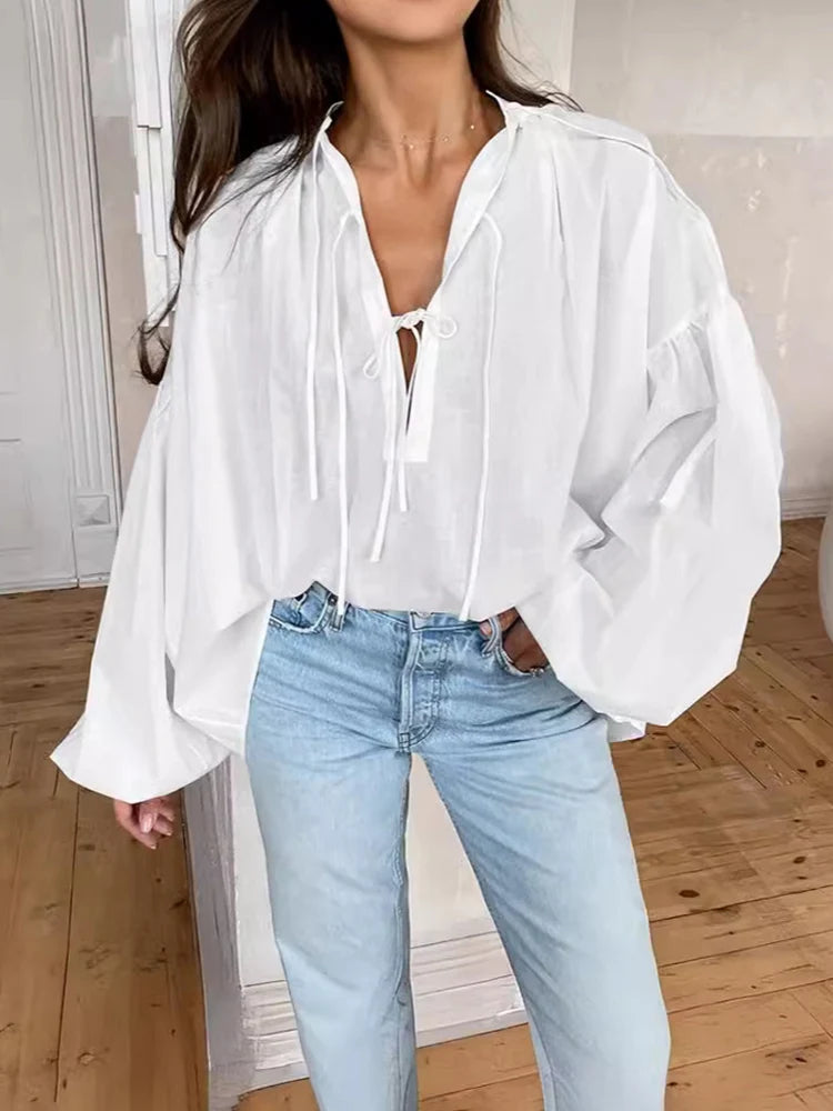 Tossy Women Full Sleeve Shirt Cotton V Neck Lace Up Solid Color Loose Fashion Casual Puff Sleeve Pullover Patchwork Female Top