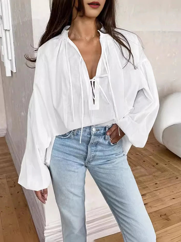 Tossy Women Full Sleeve Shirt Cotton V Neck Lace Up Solid Color Loose Fashion Casual Puff Sleeve Pullover Patchwork Female Top