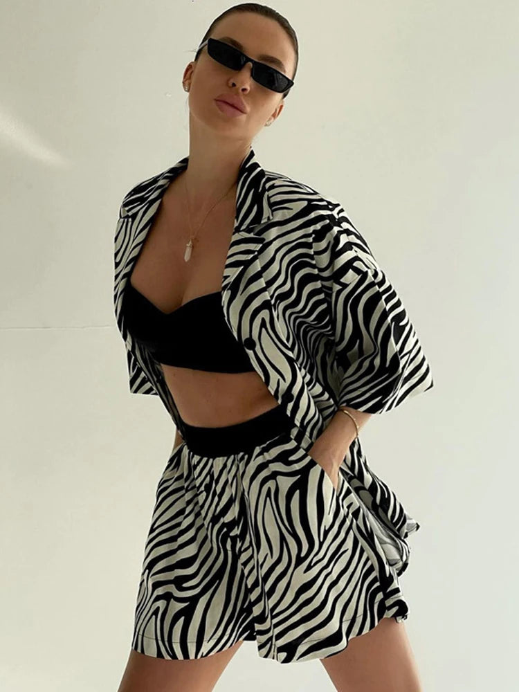 Tossy Women Two Piece Sets Outfits Zebra Printed Loose Shirt Tops And High Waist Shorts Set 2022 Casual Streetwear Summer New