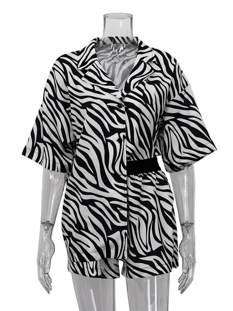 Tossy Women Two Piece Sets Outfits Zebra Printed Loose Shirt Tops And High Waist Shorts Set 2022 Casual Streetwear Summer New