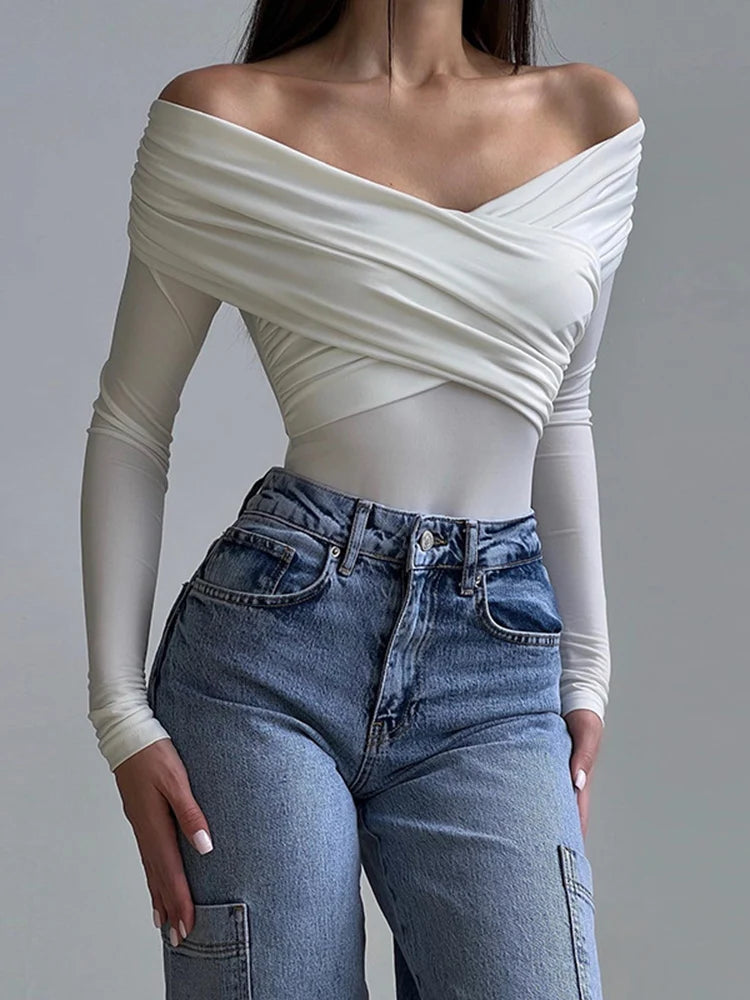 Tossy Wrinkled Cross Fitting Long Sleeves Women T-shirt Solid Patchwork Pullover Top Female Fashion Elegant T-shirt Spring 2024