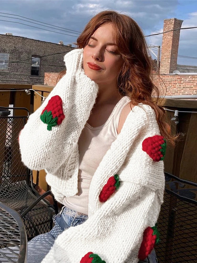 Tossy Y2k Strawberry Embroidery Cropped Sweater For Women Knit Cardigan Female Autumn Long Sleeve Loose Flower Sweater 2021 New