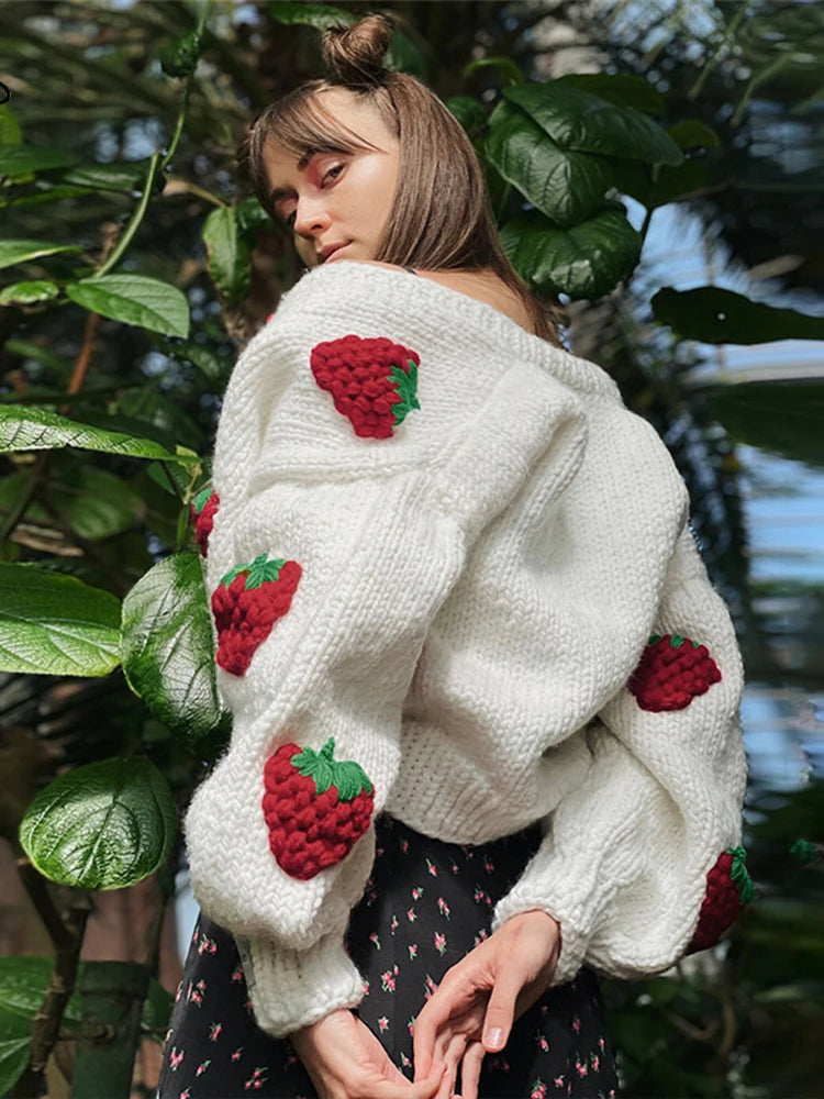 Tossy Y2k Strawberry Embroidery Cropped Sweater For Women Knit Cardigan Female Autumn Long Sleeve Loose Flower Sweater 2021 New