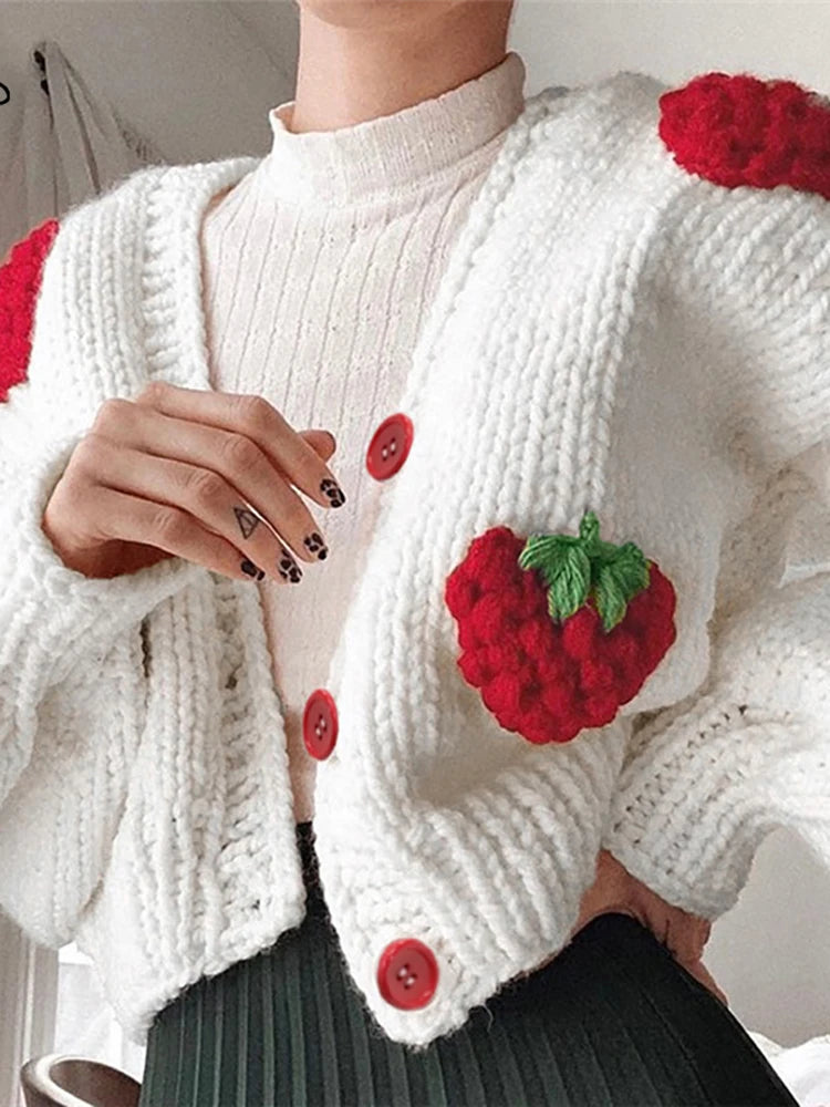 Tossy Y2k Strawberry Embroidery Cropped Sweater For Women Knit Cardigan Female Autumn Long Sleeve Loose Flower Sweater 2021 New