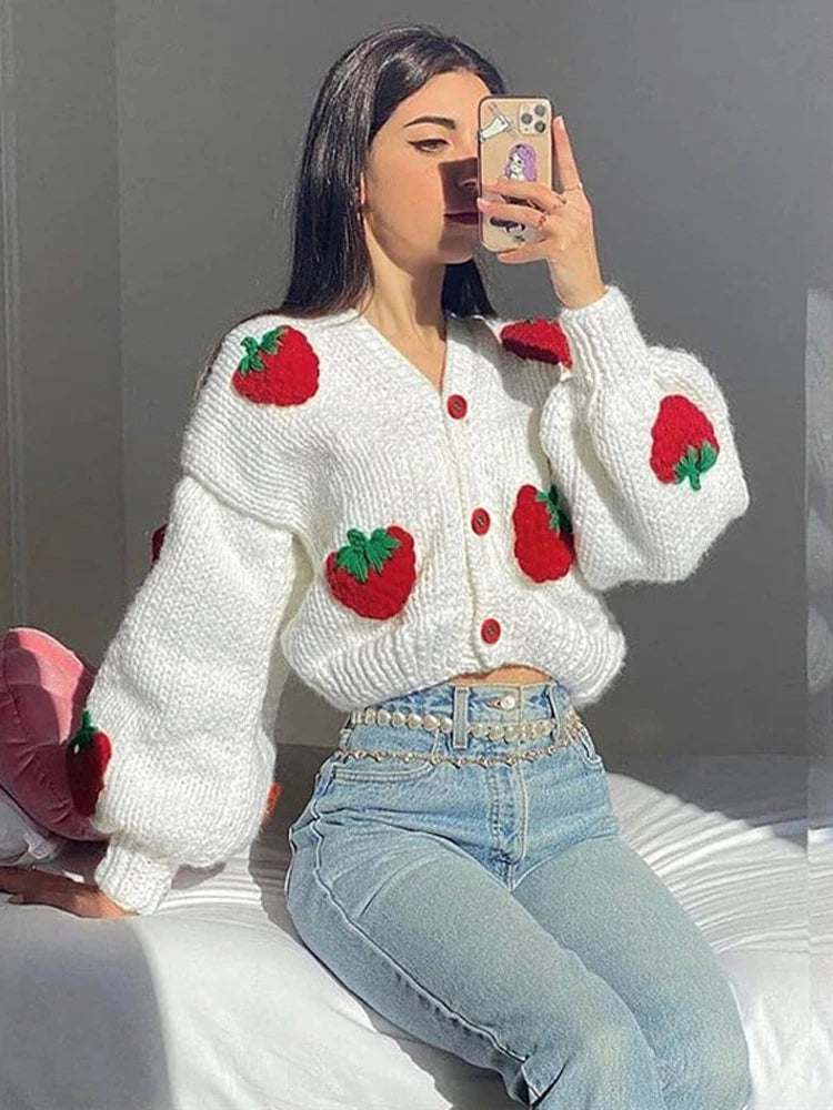 Tossy Y2k Strawberry Embroidery Cropped Sweater For Women Knit Cardigan Female Autumn Long Sleeve Loose Flower Sweater 2021 New