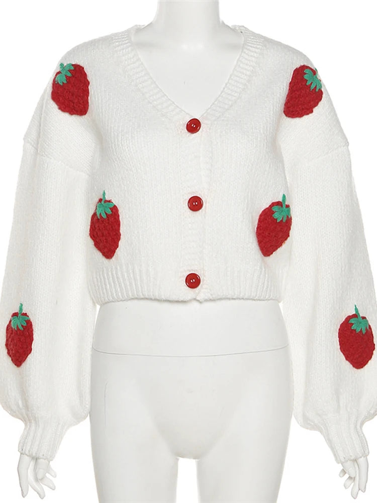 Tossy Y2k Strawberry Embroidery Cropped Sweater For Women Knit Cardigan Female Autumn Long Sleeve Loose Flower Sweater 2021 New