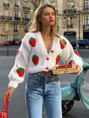 Tossy Y2k Strawberry Embroidery Cropped Sweater For Women Knit Cardigan Female Autumn Long Sleeve Loose Flower Sweater 2021 New