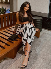 Tossy Zebra Printed Loose Maxi Skirt For Women Ribbed High Waist Fashion Patchwork Contrast Streetwear Slim Female Long Skirt