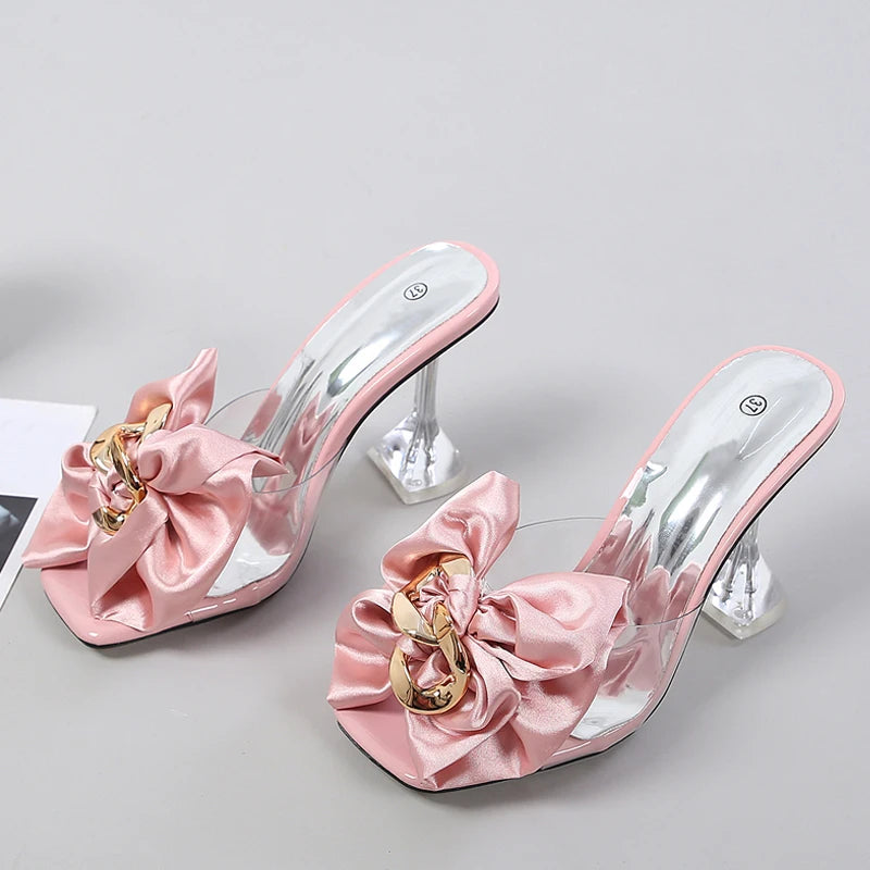 Transparent Pink Butterfly-knot Designer Sandals: Women’s Size 46 Clear Heel Slippers for 2024 Summer Fashion