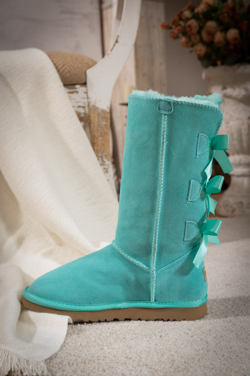 SMAIBULUN Ugg | Tri Ribbon Bow Suede Boots - Turquoise