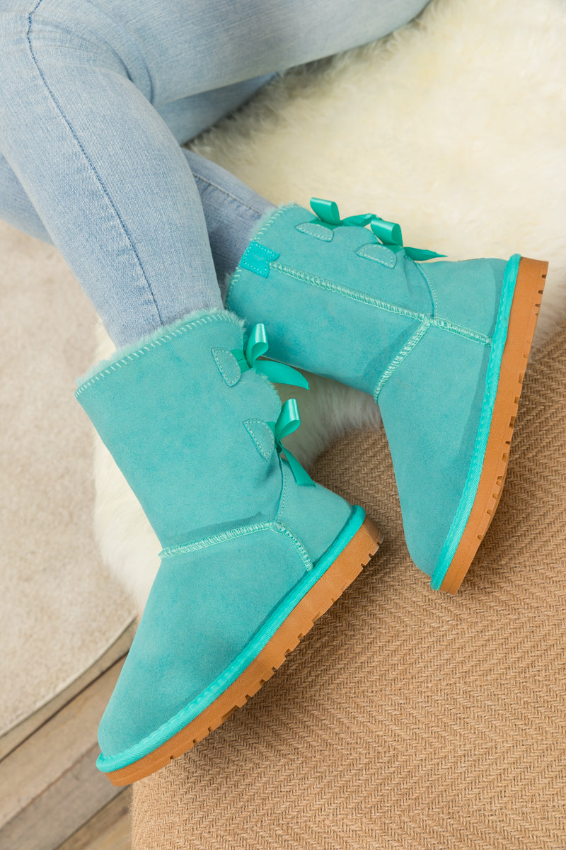 SMAIBULUN Ugg | DOUBLE RIBBON BOW SUEDE BOOT - Turquoise