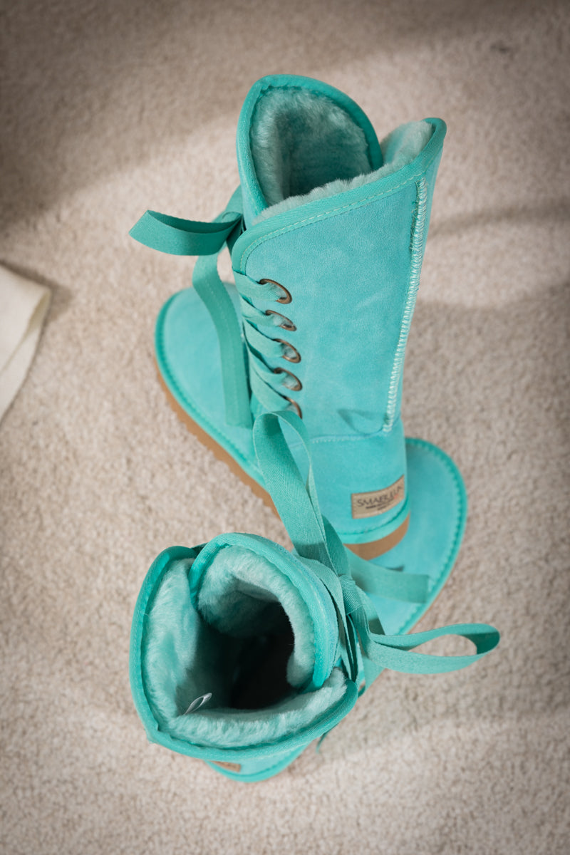 SMAIBULUN Ugg | Ribbon Lace-Up Faux Fur-lined Suede Boot - Turquoise