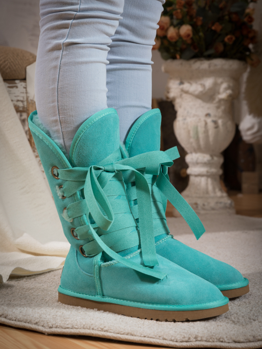 SMAIBULUN Ugg | Ribbon Lace-Up Faux Fur-lined Suede Boot - Turquoise