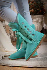 SMAIBULUN Ugg | Ribbon Lace-Up Faux Fur-lined Suede Boot - Turquoise