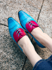 SOFFIA | Turquoise Floral Embossed Genuine Leather Kitten Heel Oxford Shoes