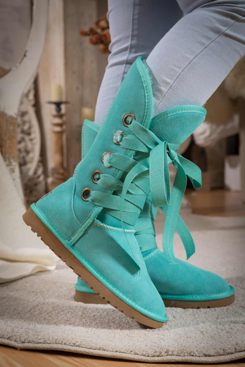 SMAIBULUN Ugg | Ribbon Lace-Up Faux Fur-lined Suede Boot - Turquoise