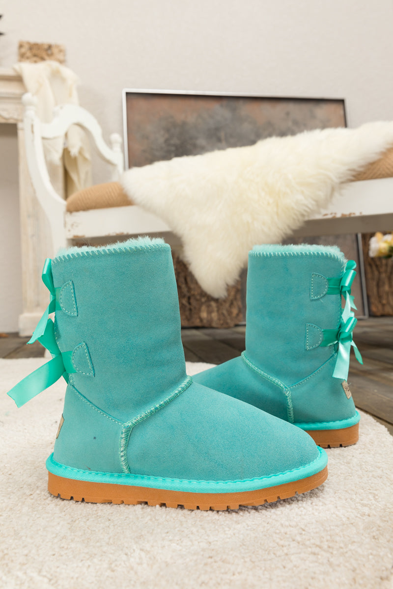 SMAIBULUN Ugg | DOUBLE RIBBON BOW SUEDE BOOT - Turquoise