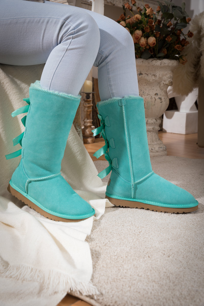 SMAIBULUN Ugg | Tri Ribbon Bow Suede Boots - Turquoise