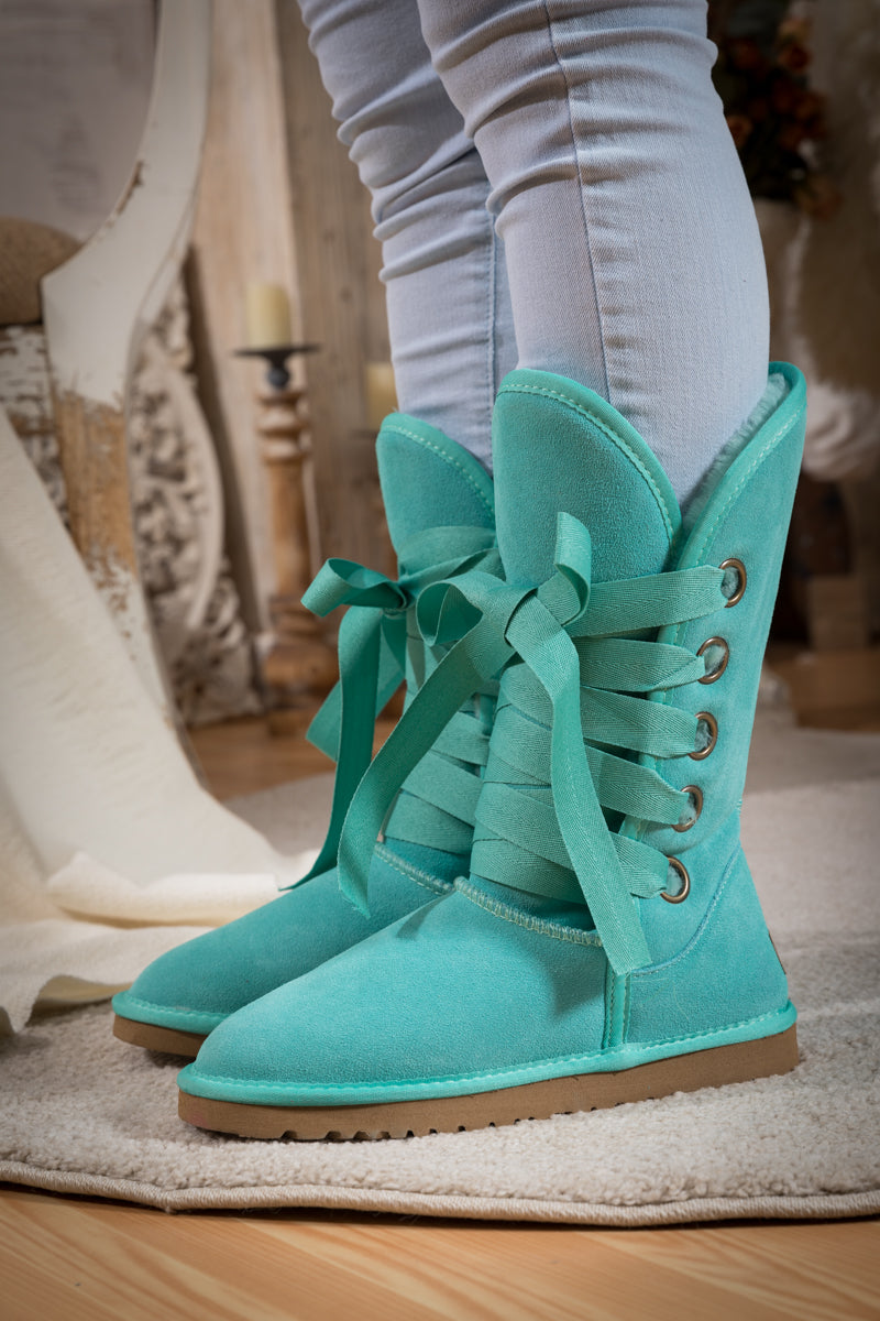 SMAIBULUN Ugg | Ribbon Lace-Up Faux Fur-lined Suede Boot - Turquoise